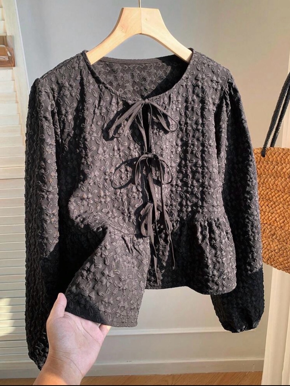 Textured Black Tie-Front Peplum Blouse